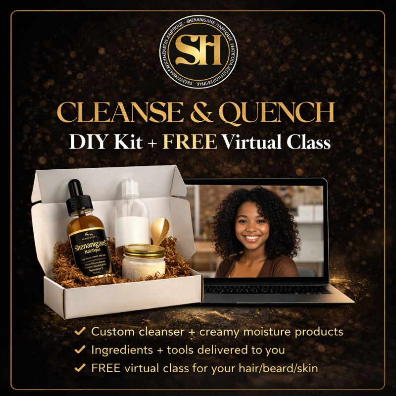 Promotional image of a DIY kit with skincare products and a free virtual class, featuring the brand 'Shenanigans Hairtique'.
