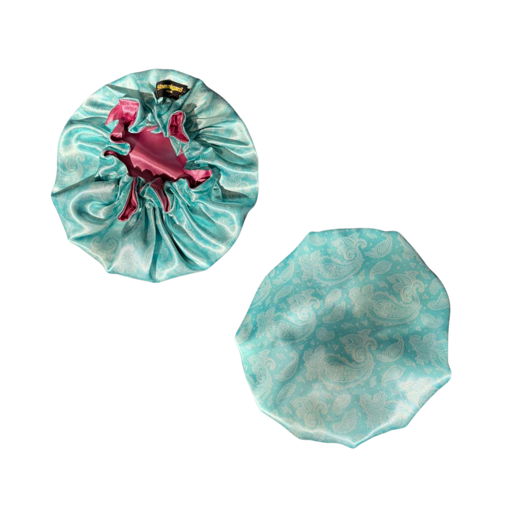 Front and back light blue pattern satin custom bonnet with dark pink lined satin inside 