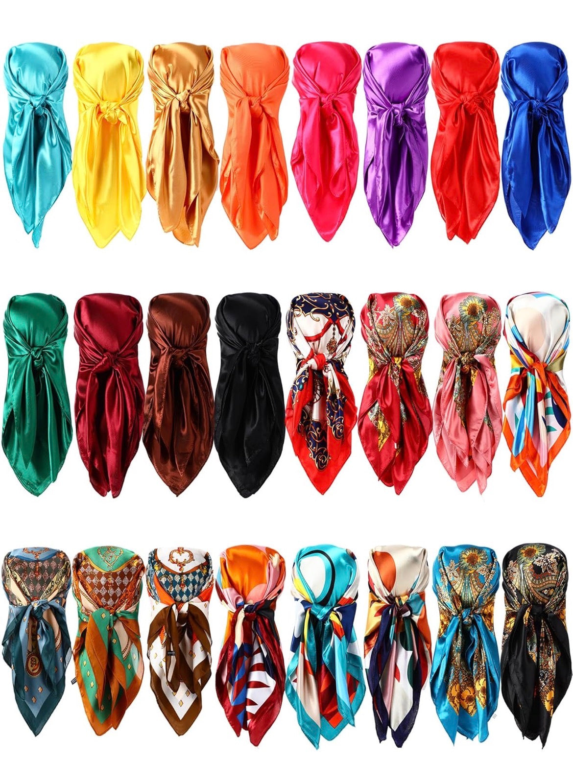 Collection of colorful satin hair scarves in various patterns on a white background