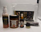 Set of Hair care product bundle including Brown Sugar Hair oil, Brown Sugar Butter, Moisturizing shampoo, and edge brush/detangling brush