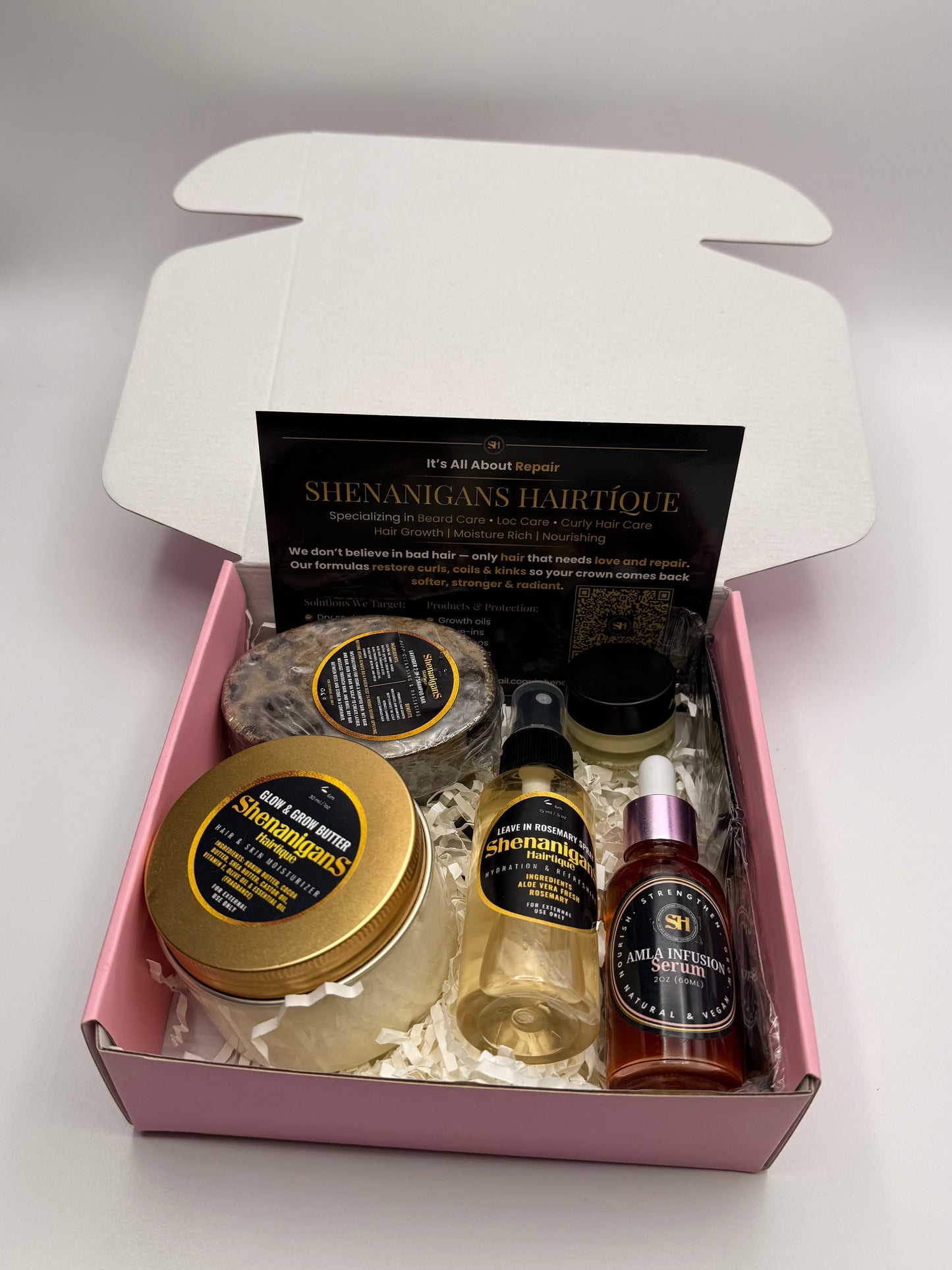 Set of Hair care product bundle including Amla infusion serum, rosemary leave in spray, shampoo bar, Glow and grow butter