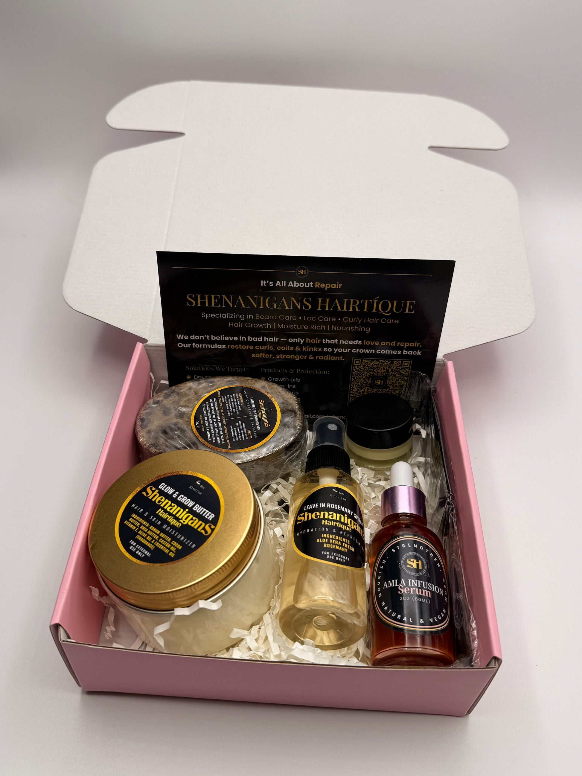 Set of Hair care product bundle including Amla infusion serum, rosemary leave in spray, shampoo bar, Glow and grow butter