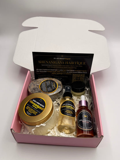 Set of Hair care product bundle including Amla infusion serum, rosemary leave in spray, shampoo bar, Glow and grow butter