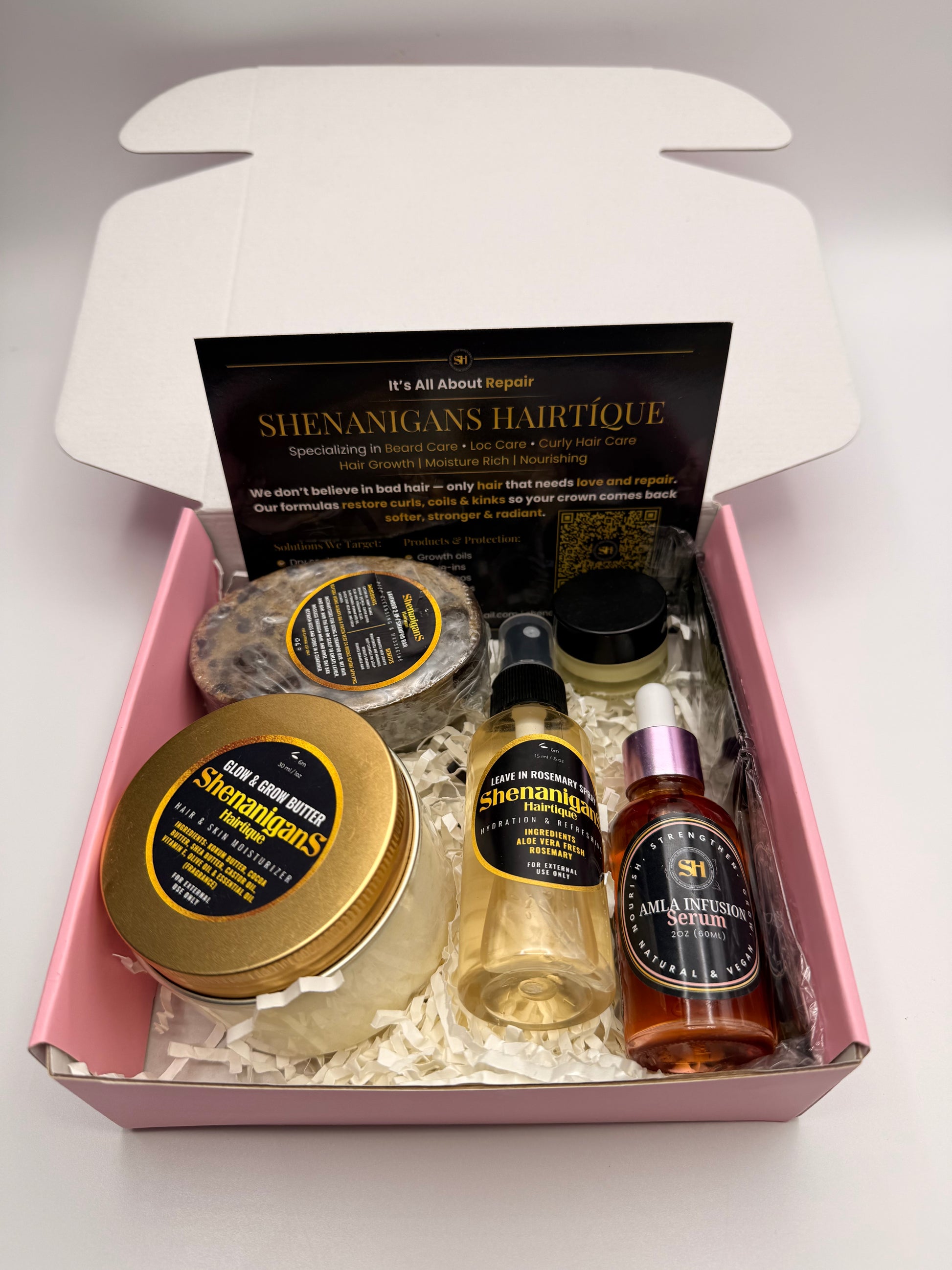 Set of Hair care product bundle including Amla infusion serum, rosemary leave in spray, shampoo bar, Glow and grow butter