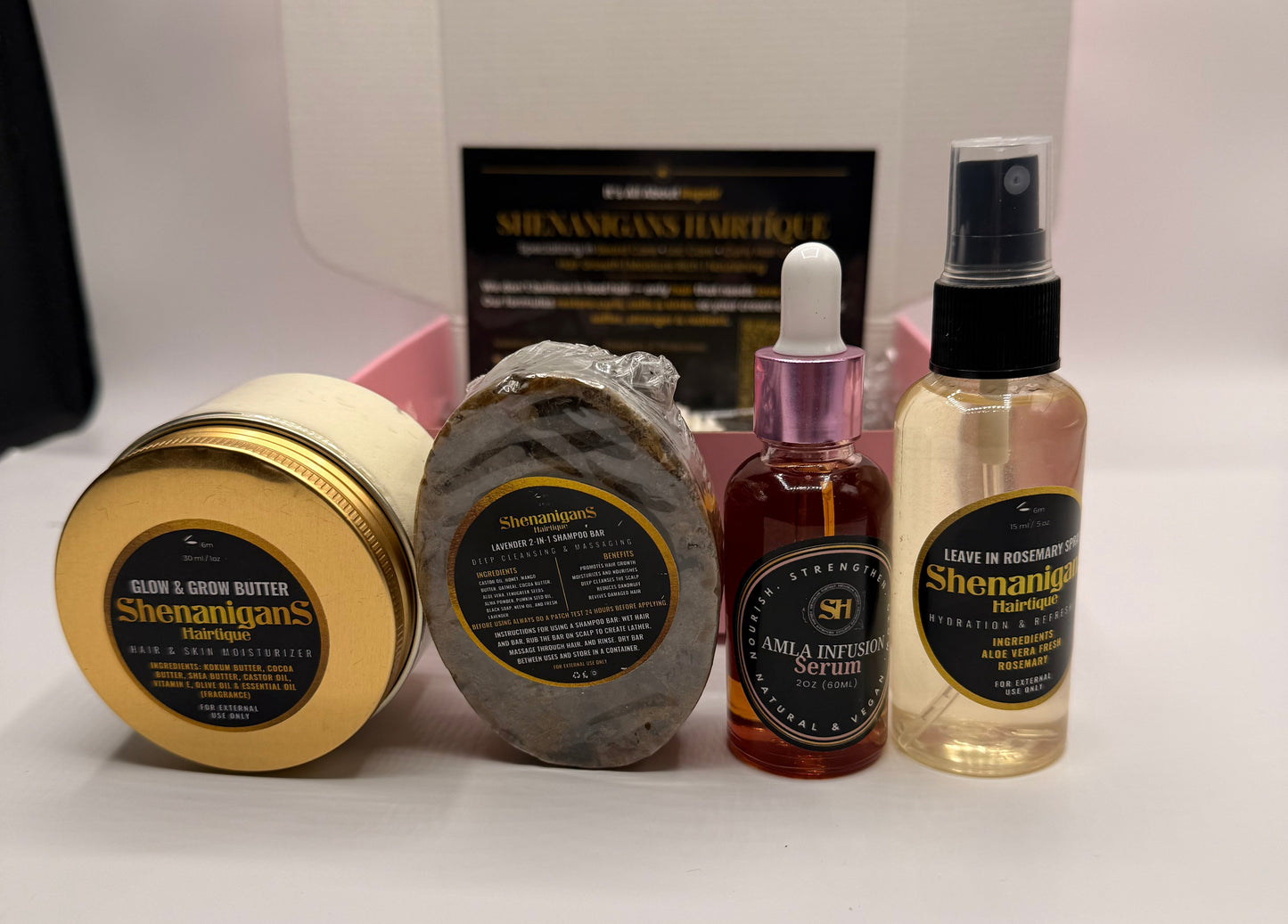 Set of Hair care product bundle including Amla infusion serum, rosemary leave in spray, shampoo bar, Glow and grow butter