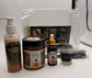 Set of Hair care product bundle including Brown Sugar Hair oil, Brown Sugar Butter, Moisturizing shampoo, and edge brush/detangling brush