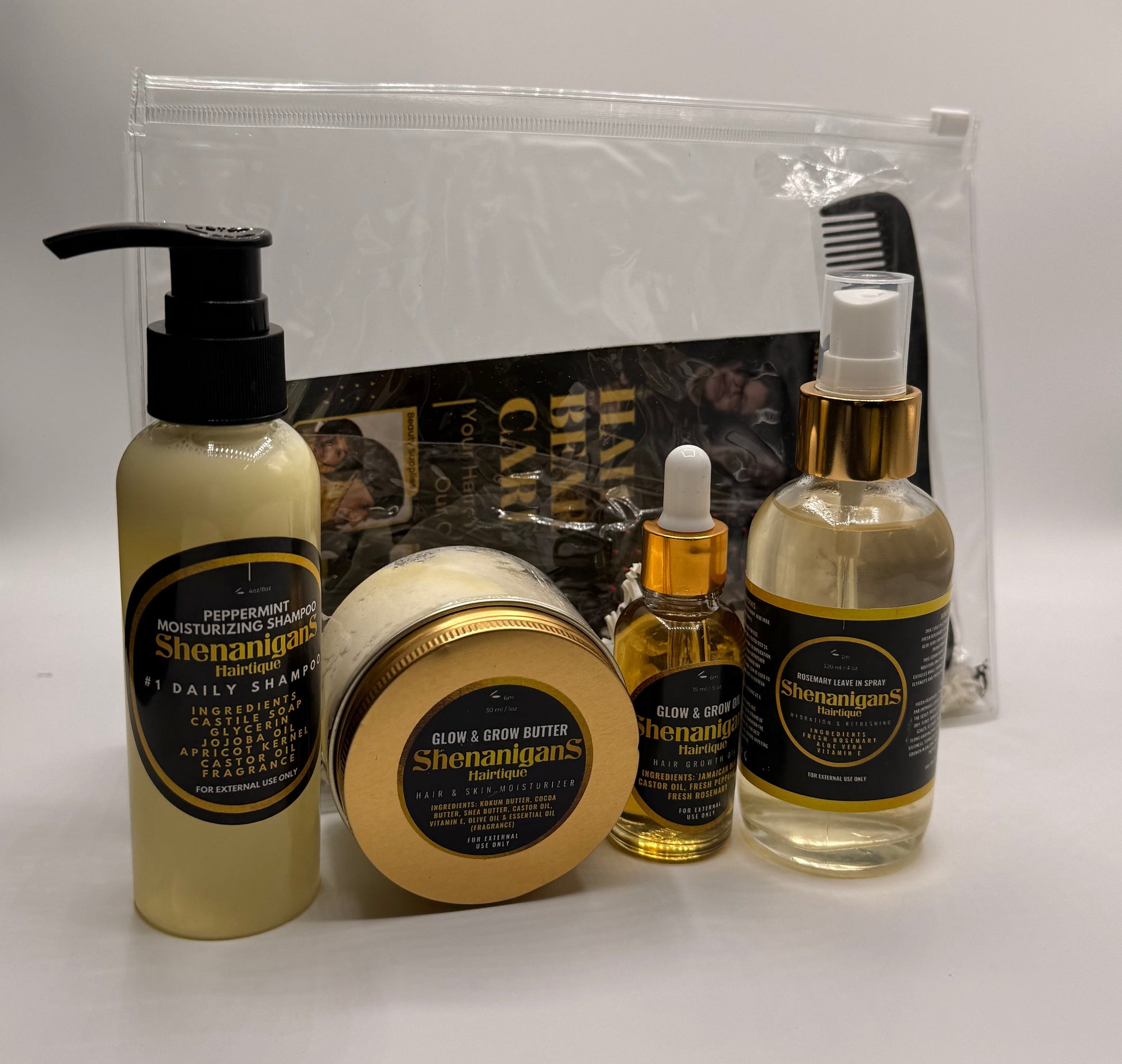 Set of Hair care product bundle including 1oz Glow and Grow oil, Rosemary leave in spray, Peppermint moisturizing shampoo, glow and grow butter, 
