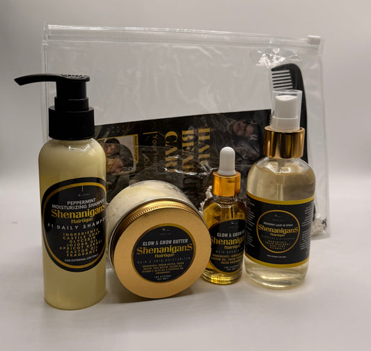 Set of Hair care product bundle including 1oz Glow and Grow oil, Rosemary leave in spray, Peppermint moisturizing shampoo, glow and grow butter, 