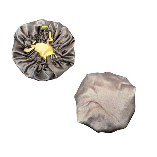 Front and back black custom bonnet lined with yellow satin inside on a white background