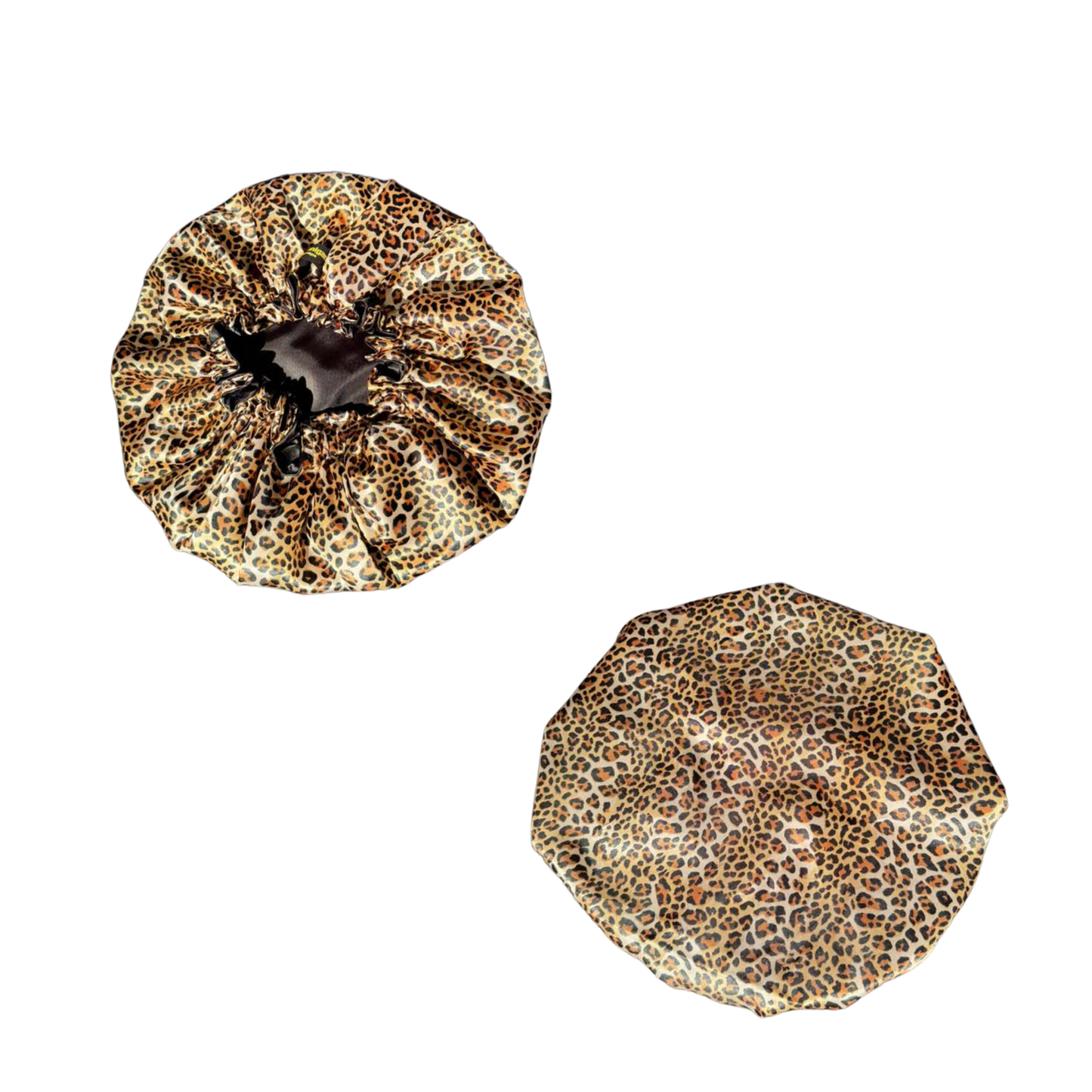 Front and back small cheetah print custom bonnet lined with black satin inside on a white background