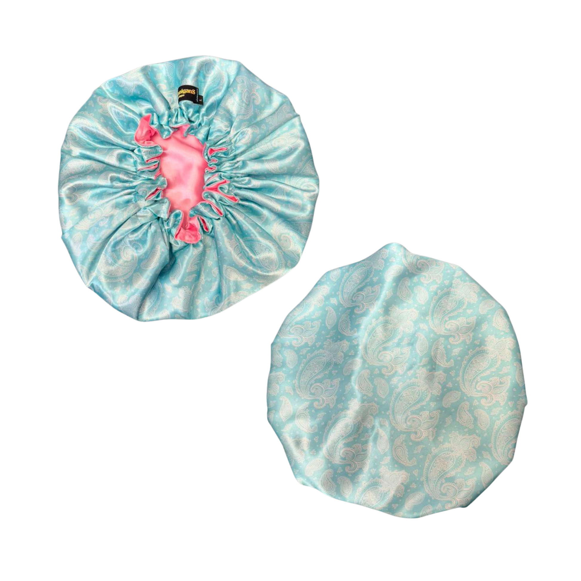 Front and back light blue pattern custom bonnet lined with light pink satin inside on a white background