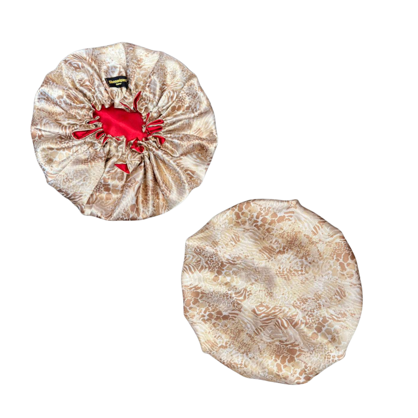 Front and back beige snake skin print custom bonnet lined with red satin inside on a white background