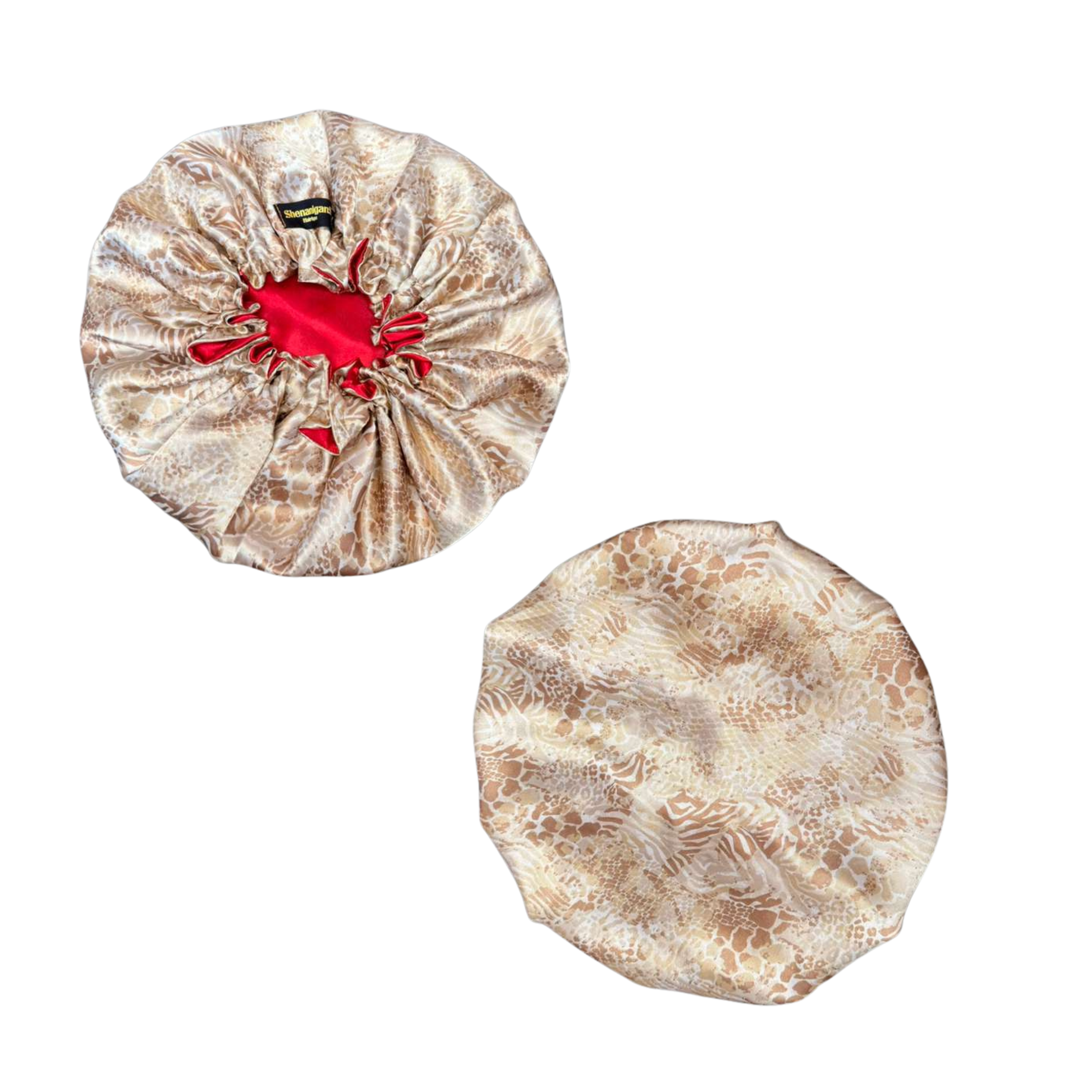 Front and back beige snake skin print custom bonnet lined with red satin inside on a white background