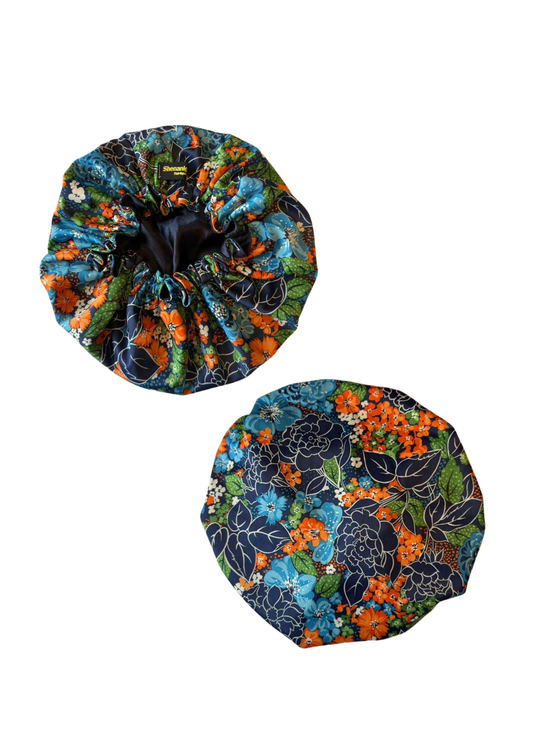 Front and back floral patterned satin custom bonnet with black lined satin inside 