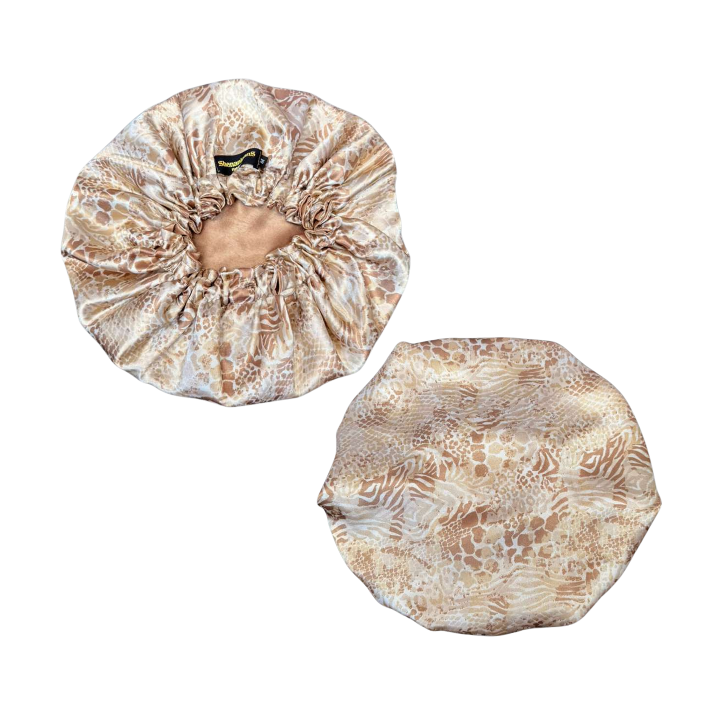 Front and back light beige snake skin print satin custom bonnet with beige lined satin inside 