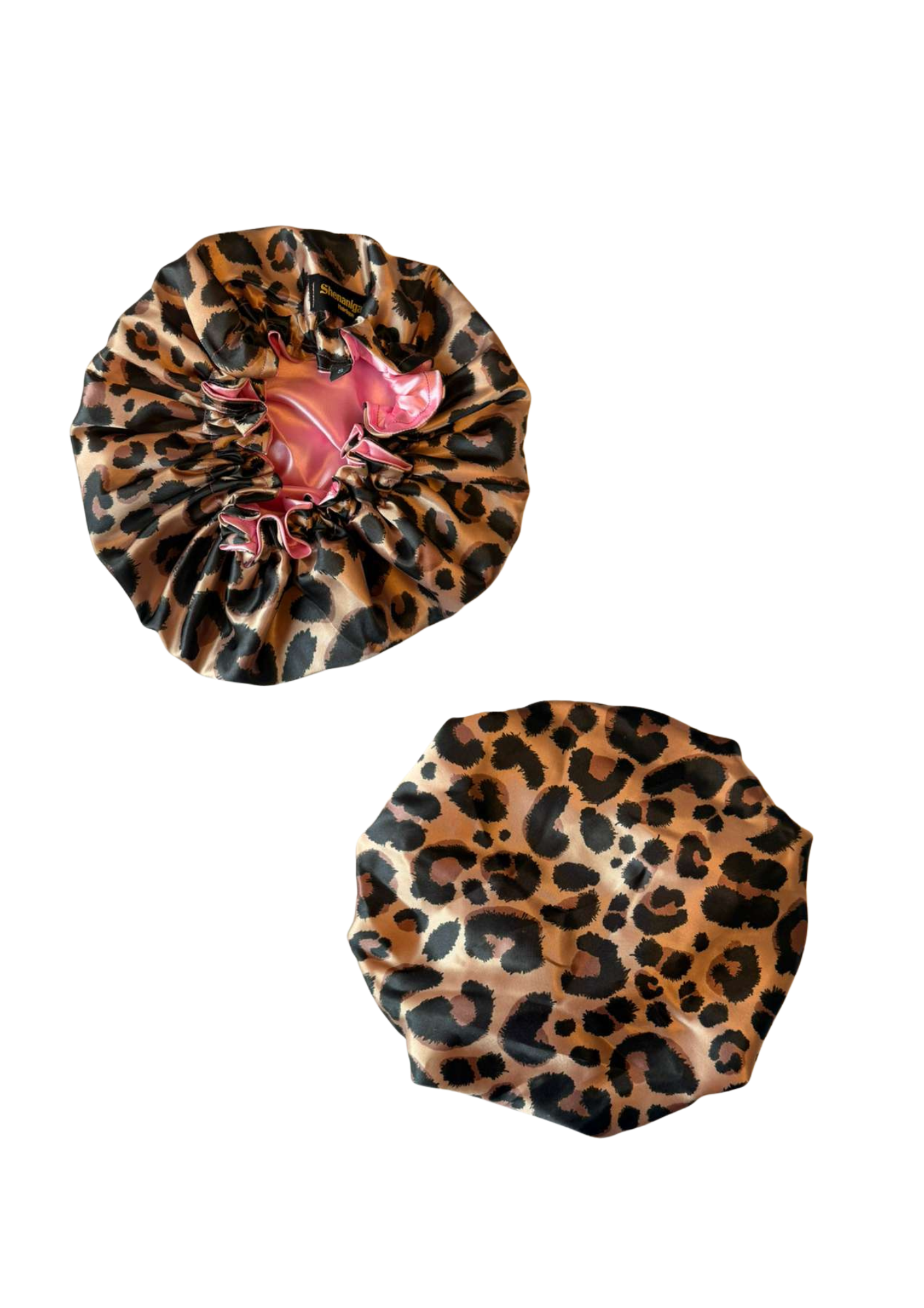 Front and back big leopard print custom bonnet lined with light pink satin inside on a white background