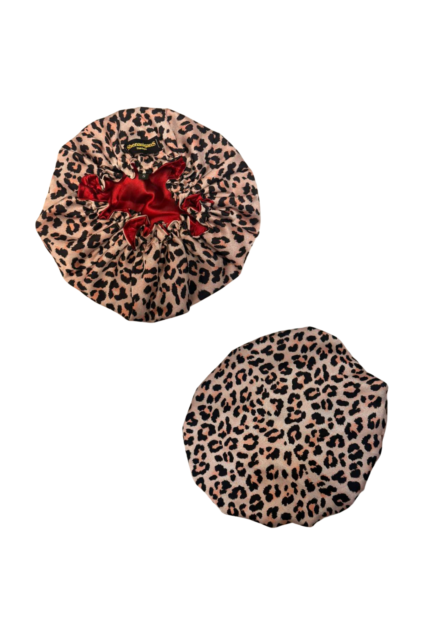 Front and back small leopard print custom bonnet lined with dark red satin inside on a white background