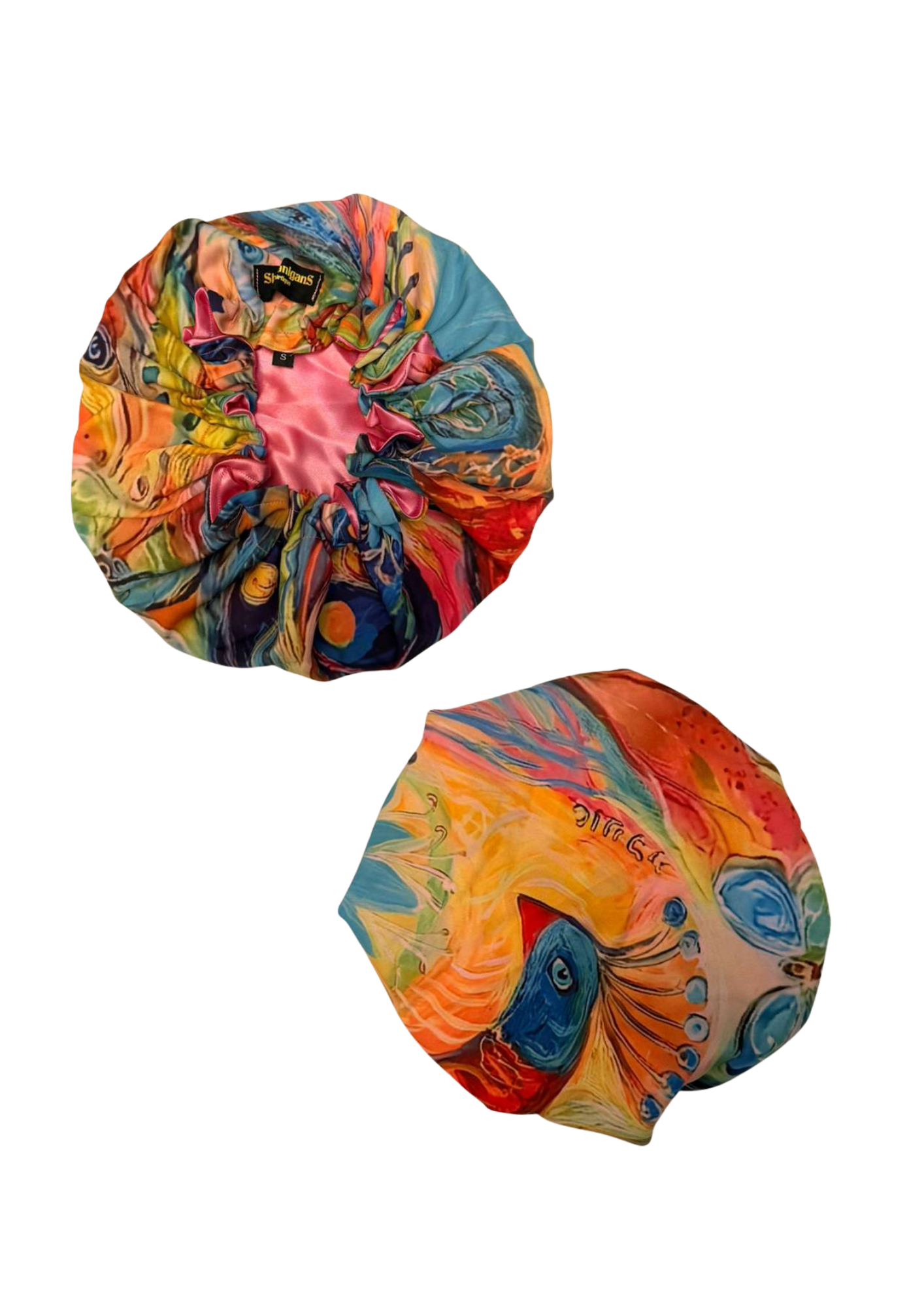Front and back abstract peacock print custom bonnet lined with light pink satin inside on a white background