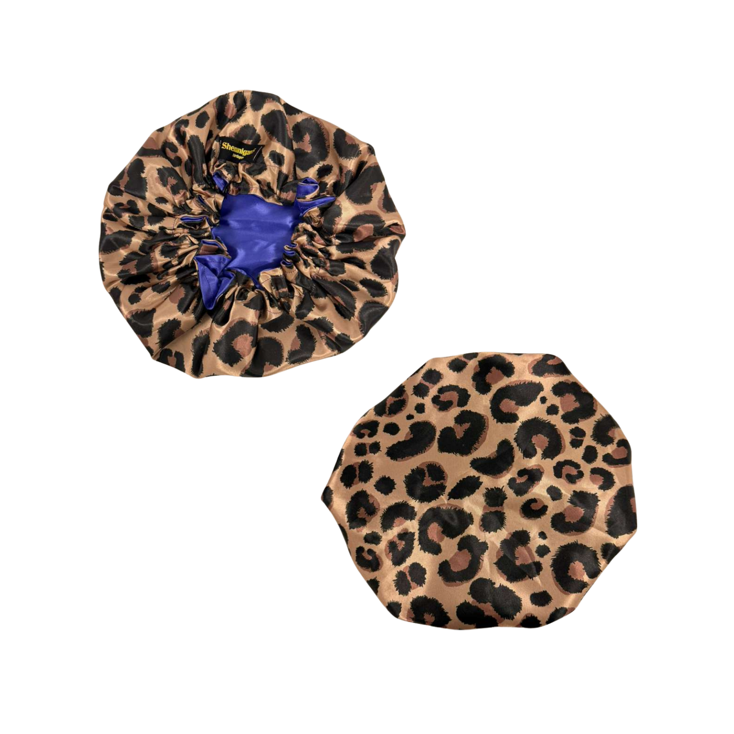 Front and back big leopard print custom bonnet lined with dark blue satin inside on a white background