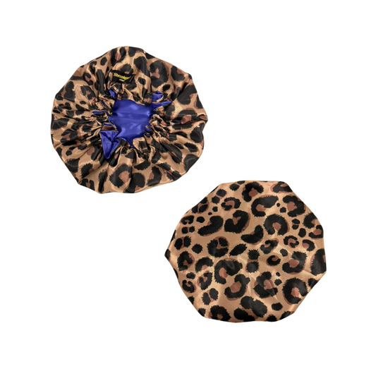 Front and back big leopard print custom bonnet lined with dark blue satin inside on a white background