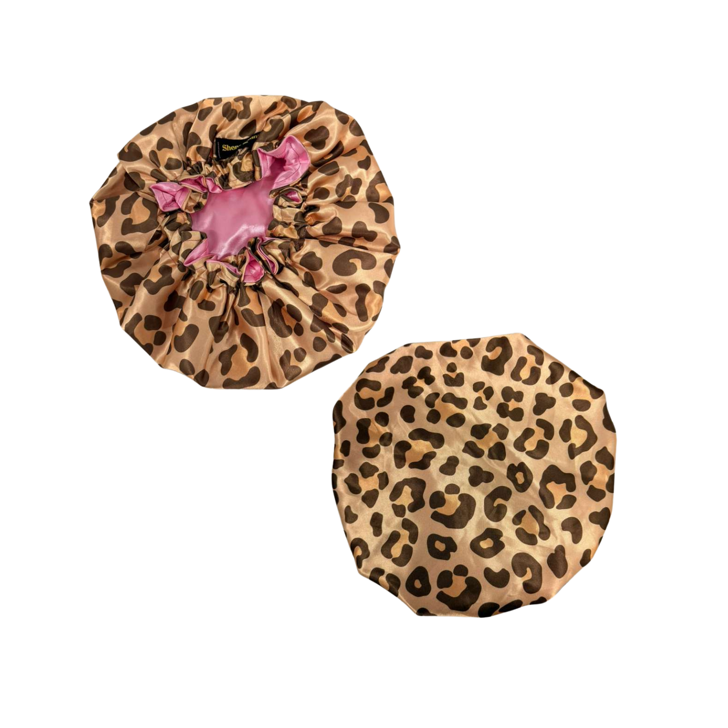 Front and back big leopard print custom bonnet lined with light pink satin inside on a white background
