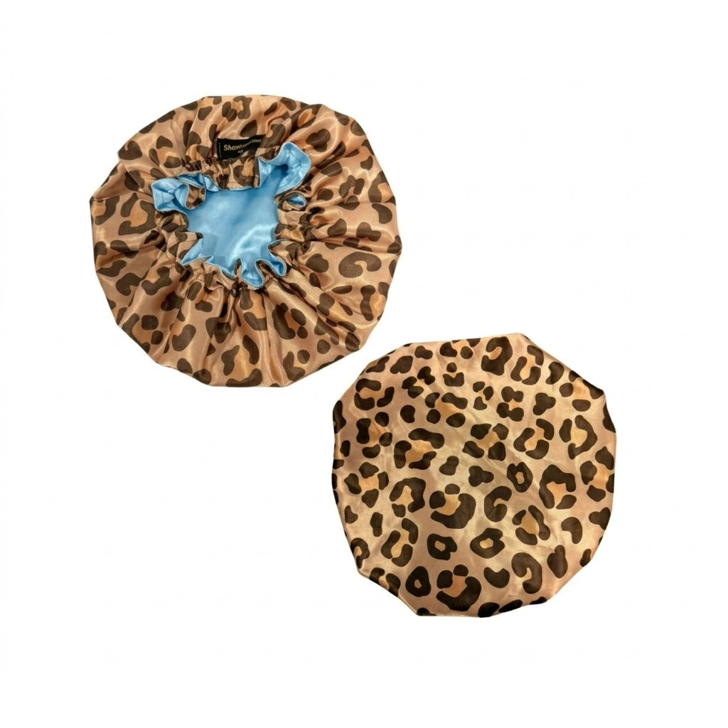 Front and back big leopard print custom bonnet lined with light blue satin inside on a white background
