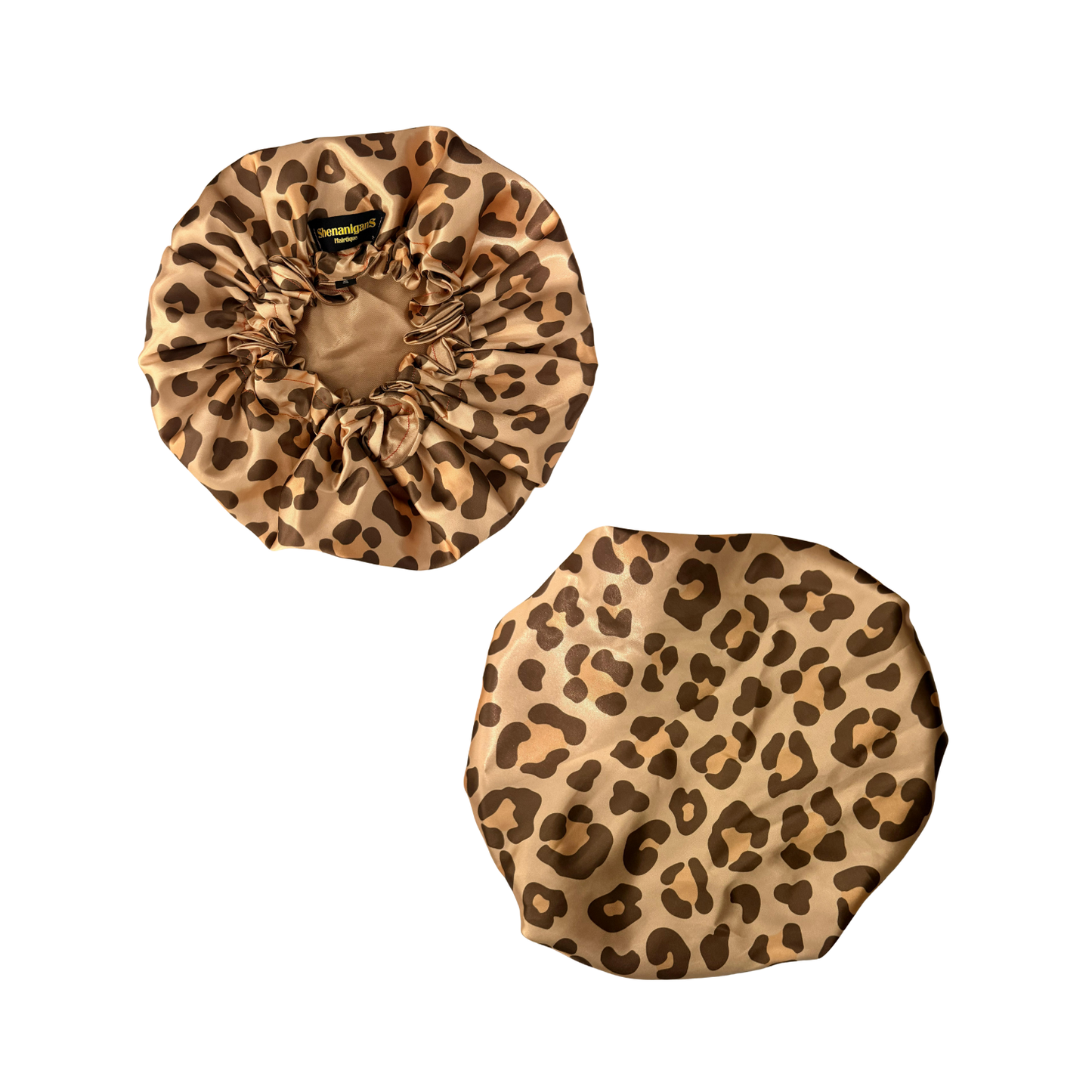 Front and back big leopard print custom bonnet lined with khaki satin inside on a white background