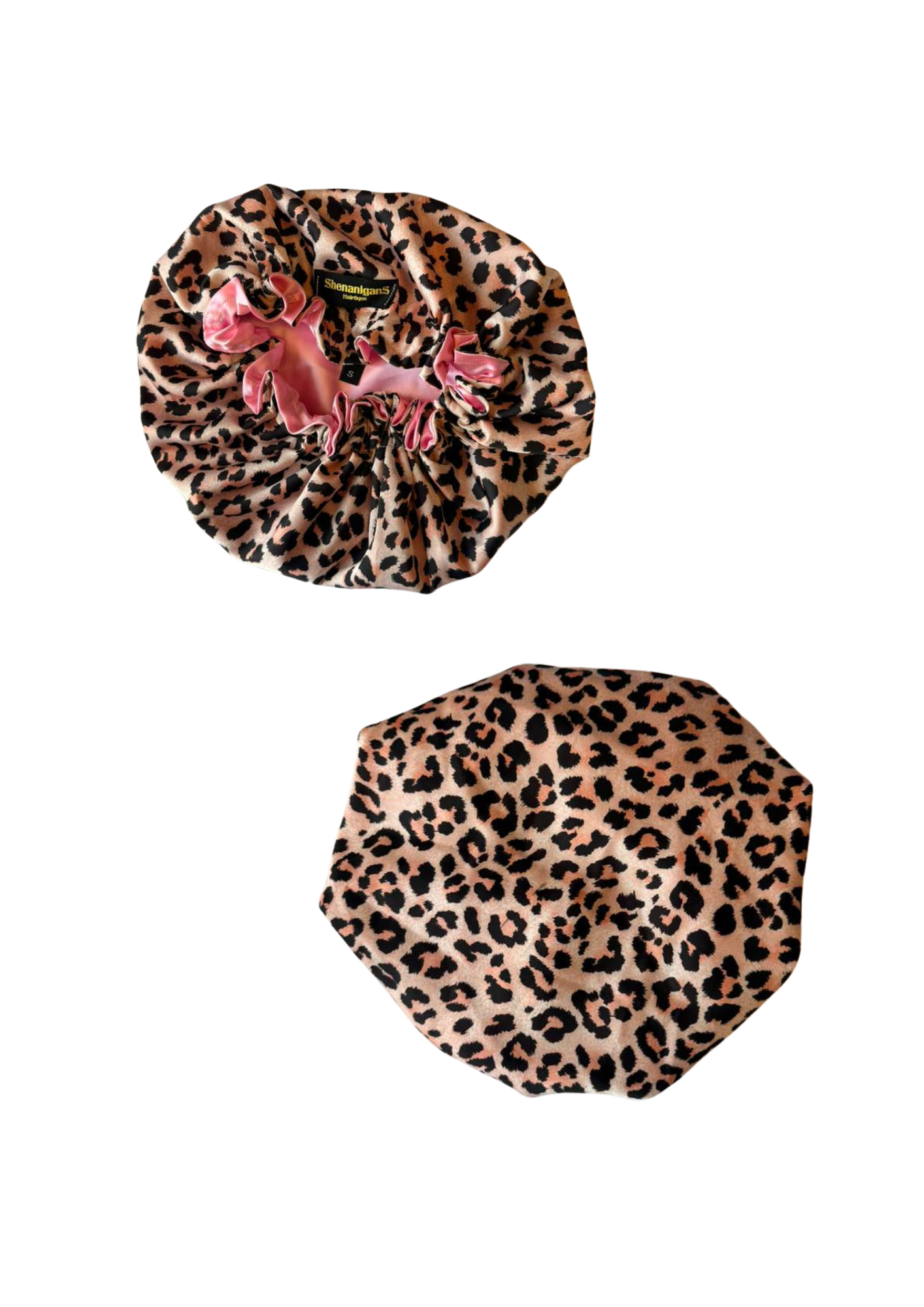 Front and back small leopard print custom bonnet lined with light pink satin inside on a white background