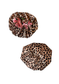 Front and back small leopard print custom bonnet lined with light pink satin inside on a white background