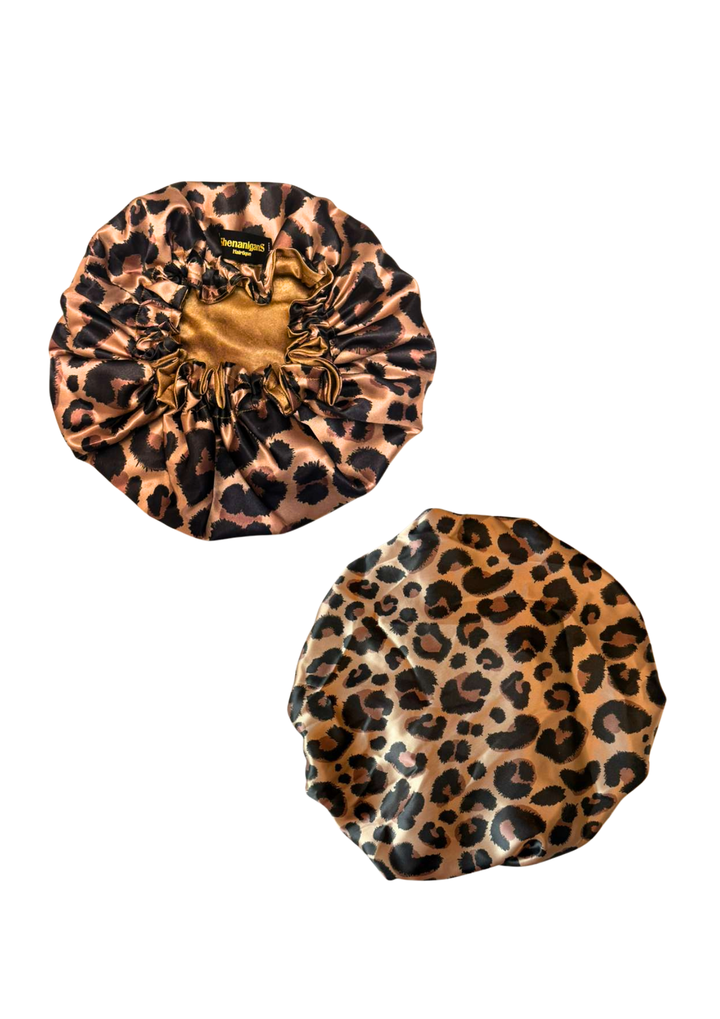 Front and back big leopard print custom bonnet lined with gold satin inside on a white background