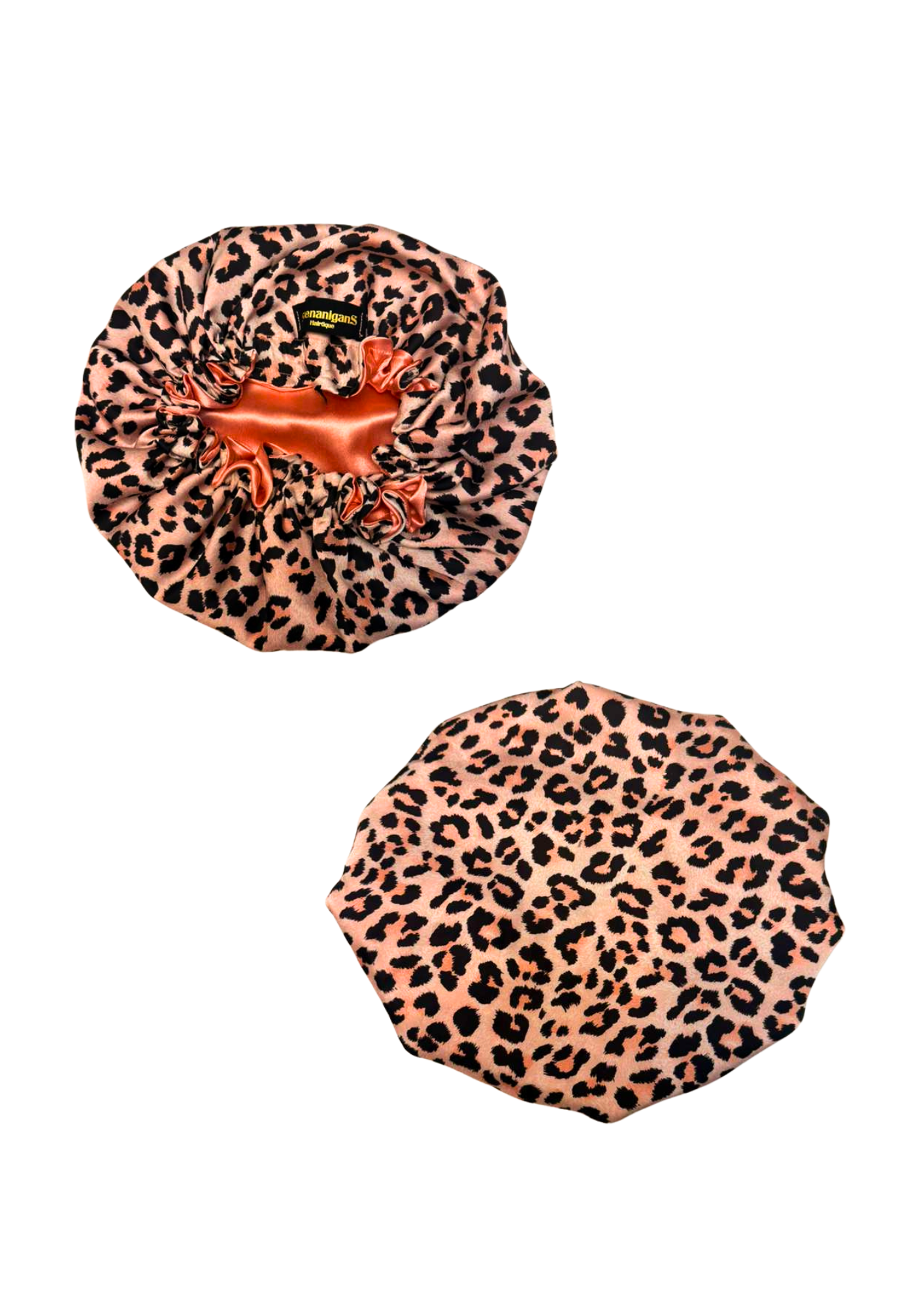 Front and back small leopard print custom bonnet lined with light orange satin inside on a white background