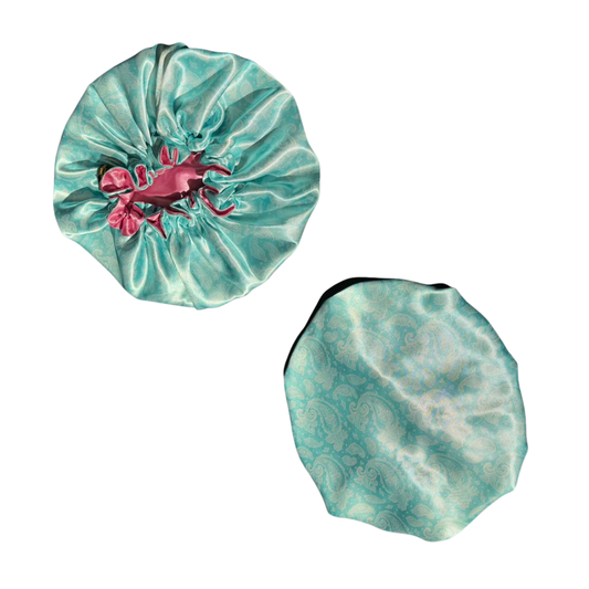 Front and back light blue patterned satin custom bonnet with deep pink lined satin inside 