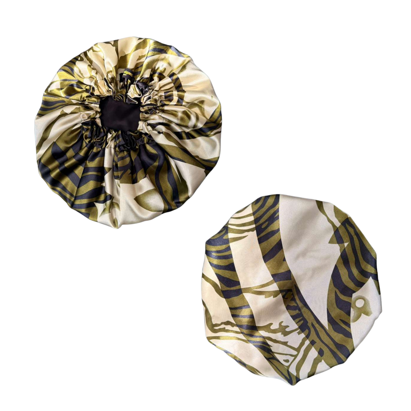 Front and back line patterned satin custom bonnet with black lined satin inside 