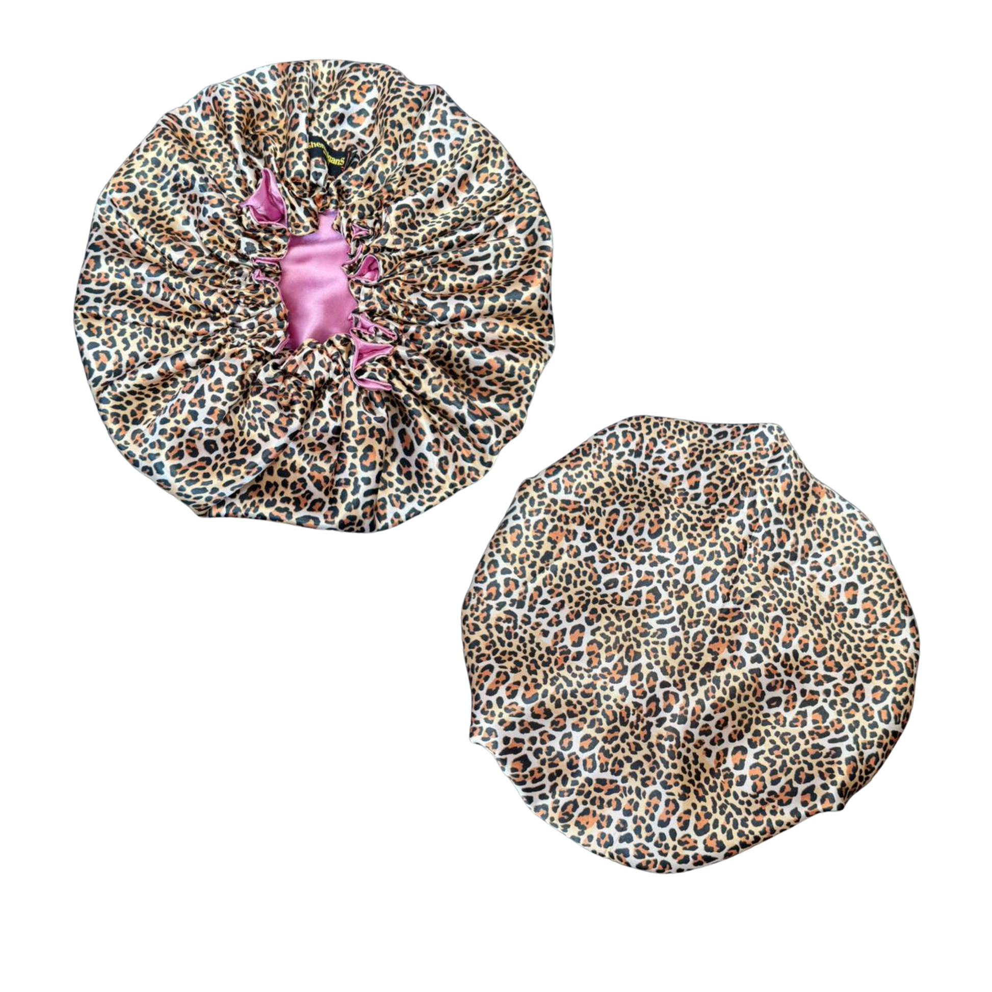 Front and back small cheetah print satin custom bonnet with light pinkish ppurple lined satin inside 