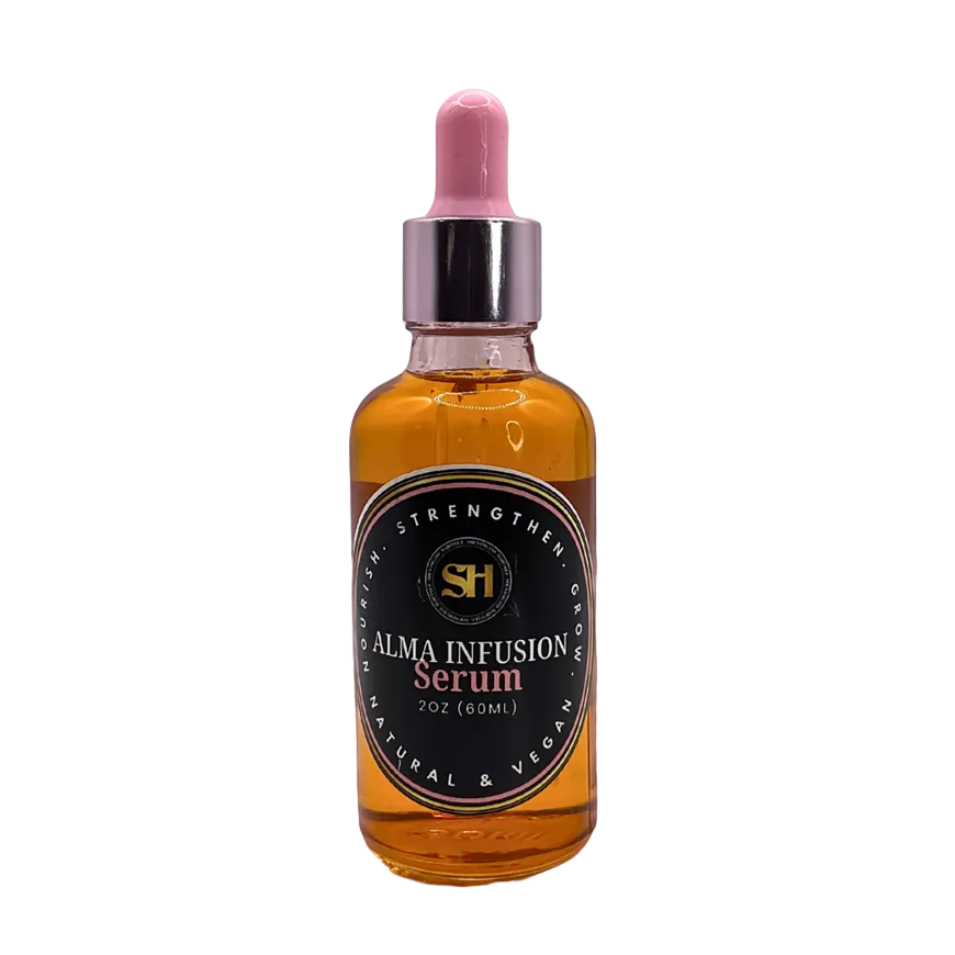 A 2oz glass dropper bottle of SH Alma Infusion Serum, featuring amber-colored liquid, a black label with gold and white text, and a pink rubber dropper top with a silver collar.